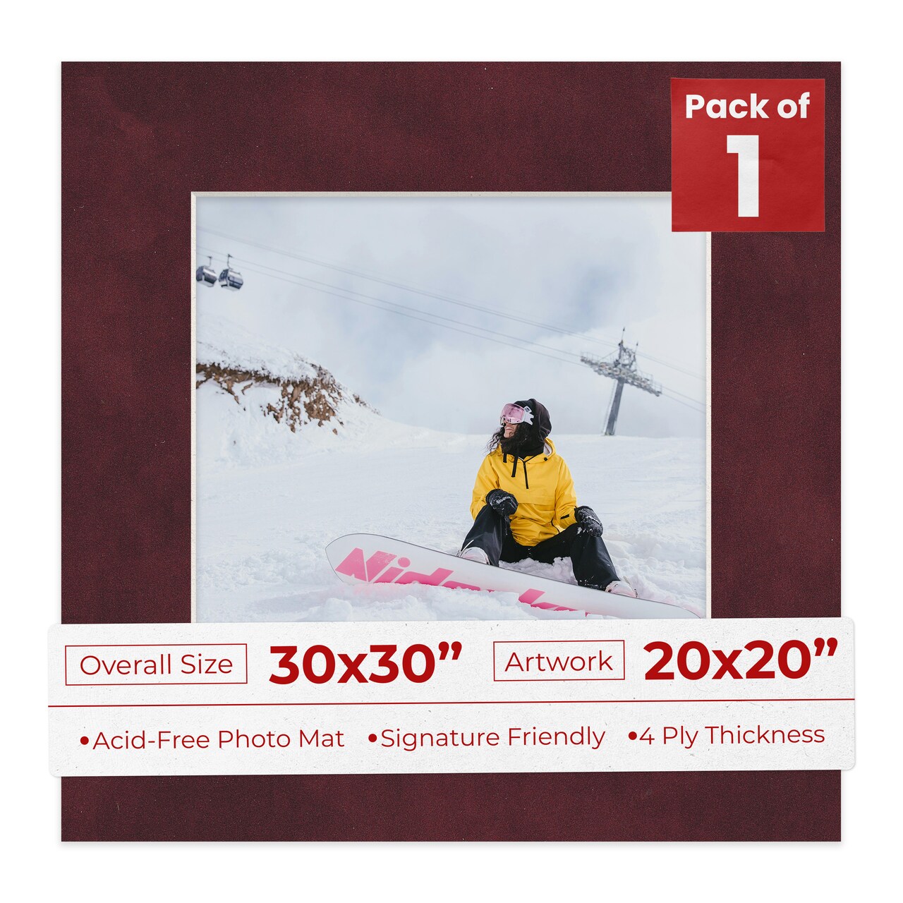 Dark Red Suede Mat Board for 30x30 Frames - Fits 20x20 Photos